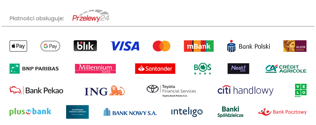 Płatności obsługuje Przelewy24: Apple Pay, Google Pay, BLIK, Visa, Mastercard oraz przelewy z banków